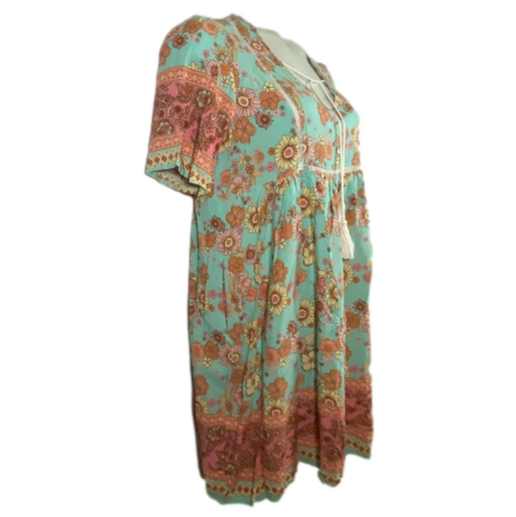 Boho Floral Print Tassel V-Neck Sleeve Smock Mini swim Coverup Dress SKU1101 - Picture 4 of 9